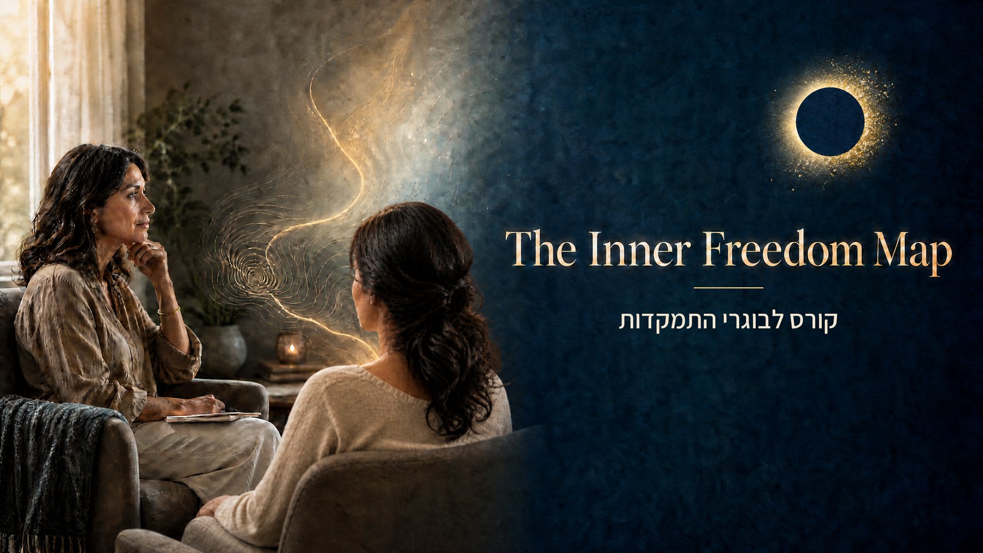 שתי נשים יושבות זו מול זו בחדר טיפולים, וקו אור זהוב זורם ביניהן - The Inner Freedom Map, קורס לבוגרי התמקדות